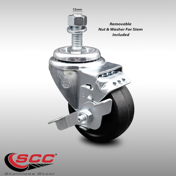 3.5 Inch SS Soft Rubber Wheel Swivel 12mm Threaded Stem Caster with Brake